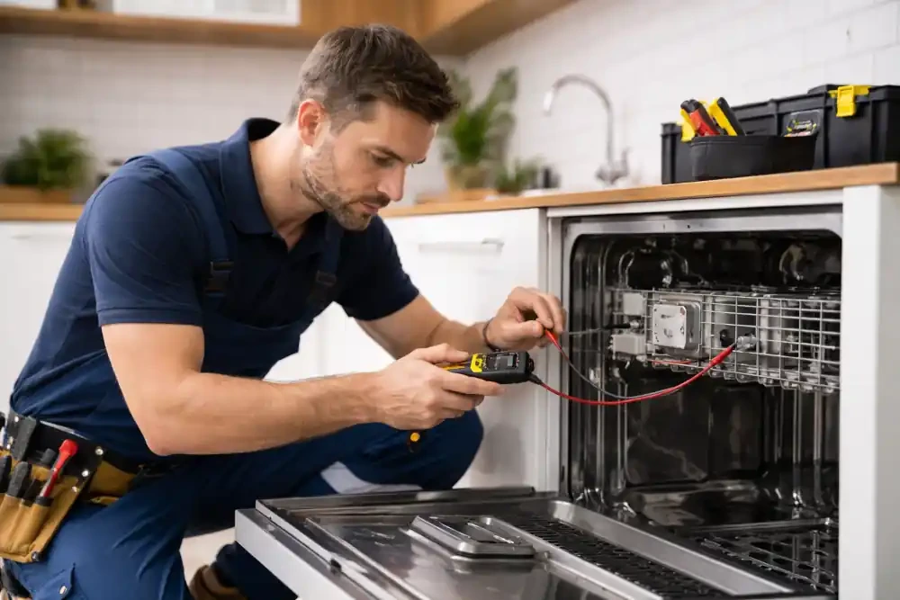 Technician using a multimeter to diagnose an open dishwasher