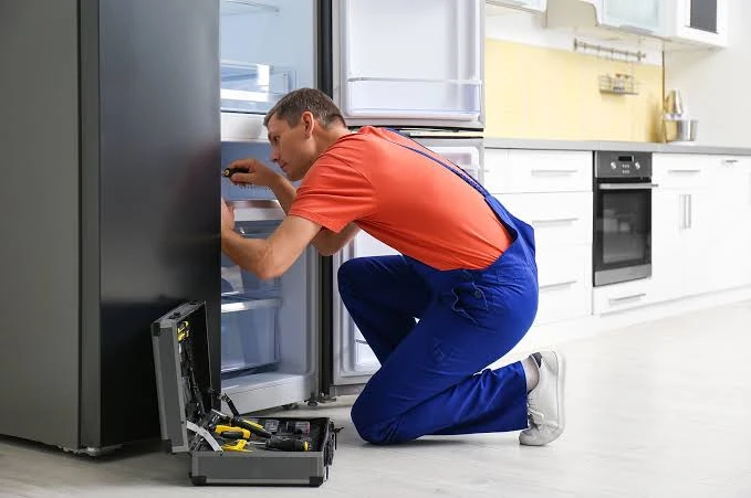Technician examining shelves and cooling components inside a refrigerator